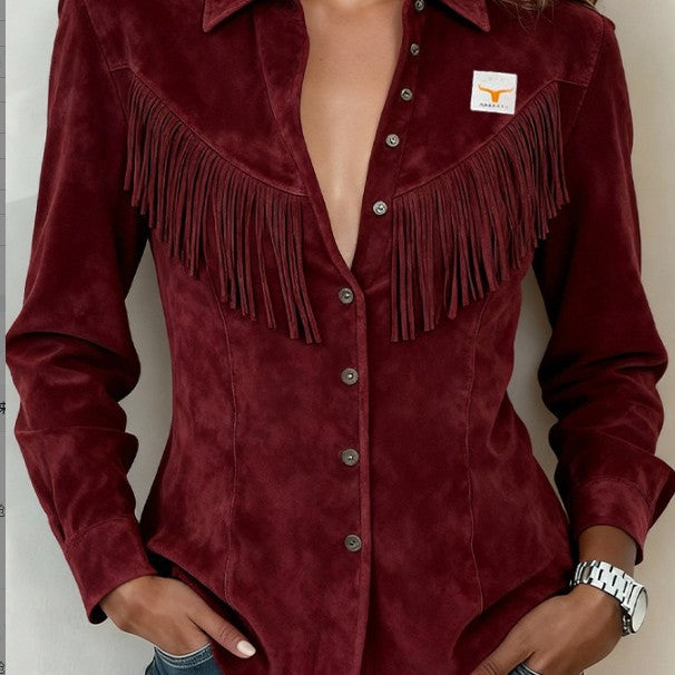 Womens Solid-Color Short Fringe Suede Jacket With Lapel
