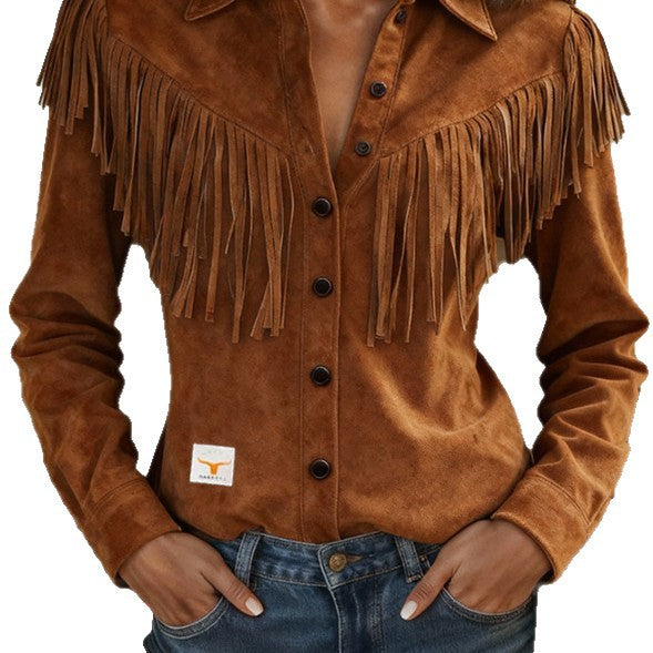 Womens Suede Jacket With Notch Lapel And Tassel Trim
