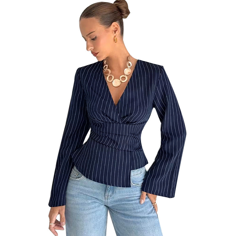Fashionable Striped V-neck Long-sleeve Shirt