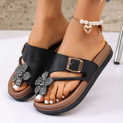 Women Flower Decor Slide Sandals Comfort Flats