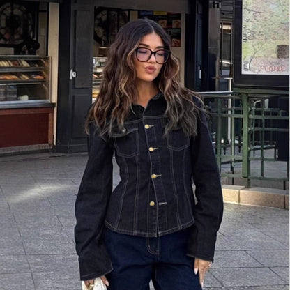 Womens American-Style Vintage Washed Denim Shirt Jacket