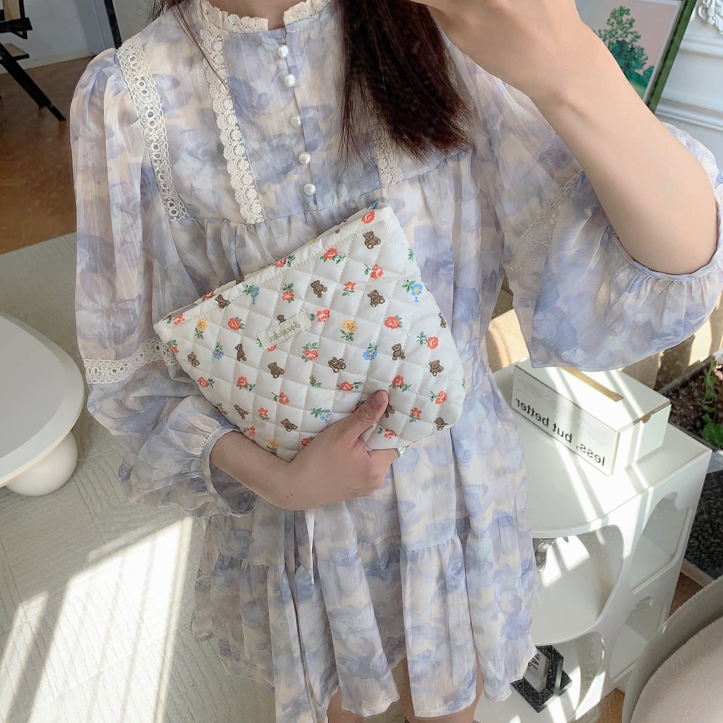 Cartoon Floral Little Bear Quilted Lined Clutch Portable High-Capacity Organizer Womens Makeup Bag