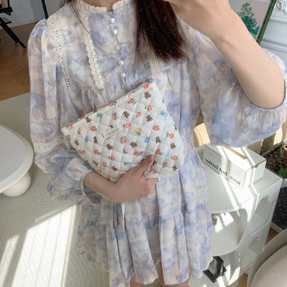 Cartoon Floral Little Bear Quilted Lined Clutch Portable High-Capacity Organizer Womens Makeup Bag