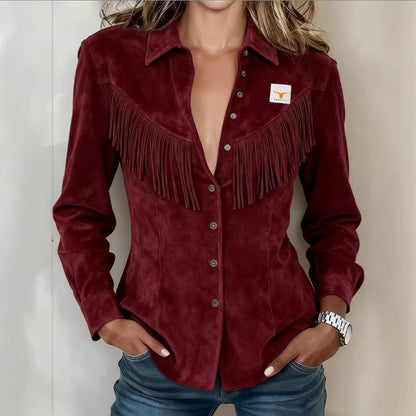 Womens Solid-Color Short Fringe Suede Jacket With Lapel