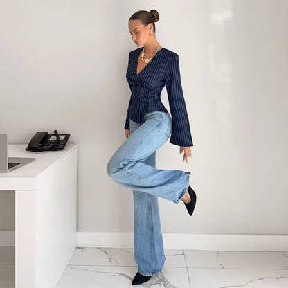 Fashionable Striped V-neck Long-sleeve Shirt