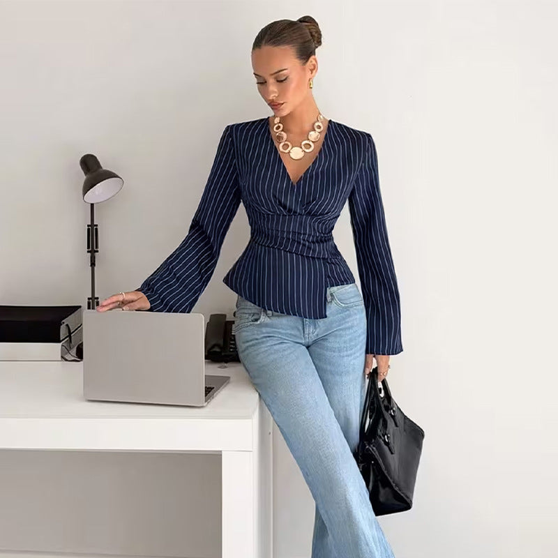 Fashionable Striped V-neck Long-sleeve Shirt