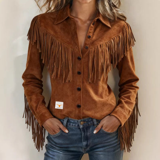 Womens Suede Jacket With Notch Lapel And Tassel Trim