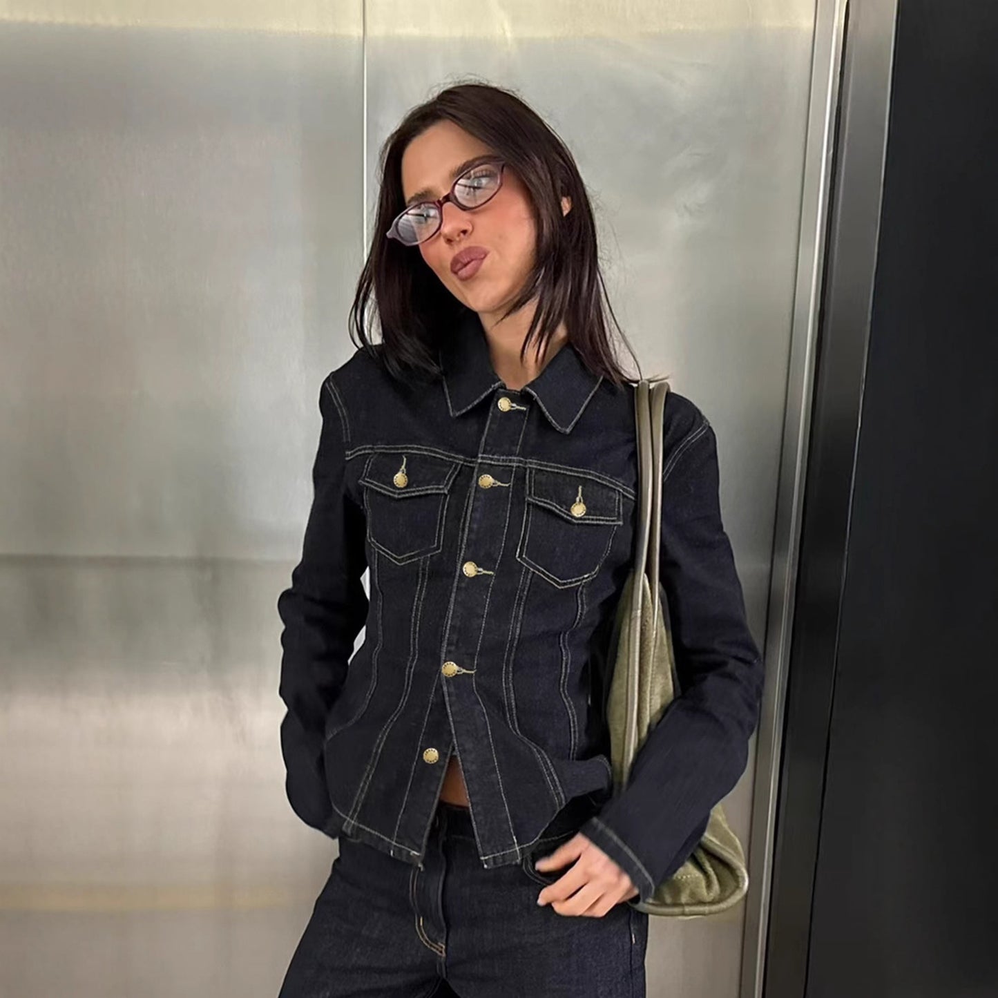 Womens American-Style Vintage Washed Denim Shirt Jacket