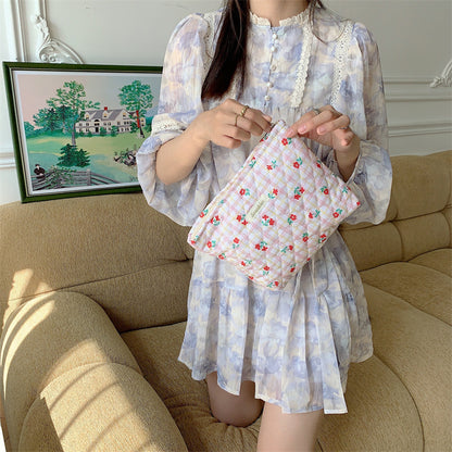 Cartoon Floral Little Bear Quilted Lined Clutch Portable High-Capacity Organizer Womens Makeup Bag