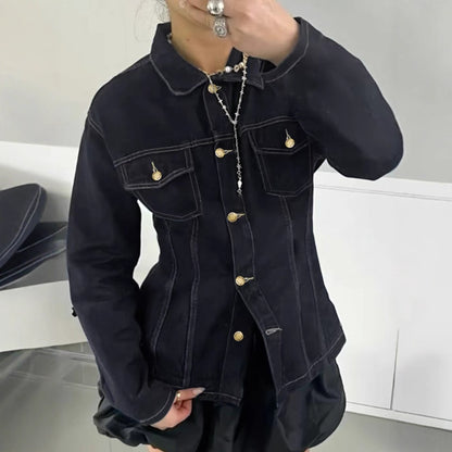 Womens American-Style Vintage Washed Denim Shirt Jacket