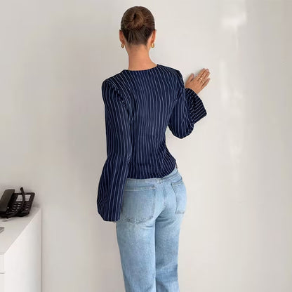 Fashionable Striped V-neck Long-sleeve Shirt