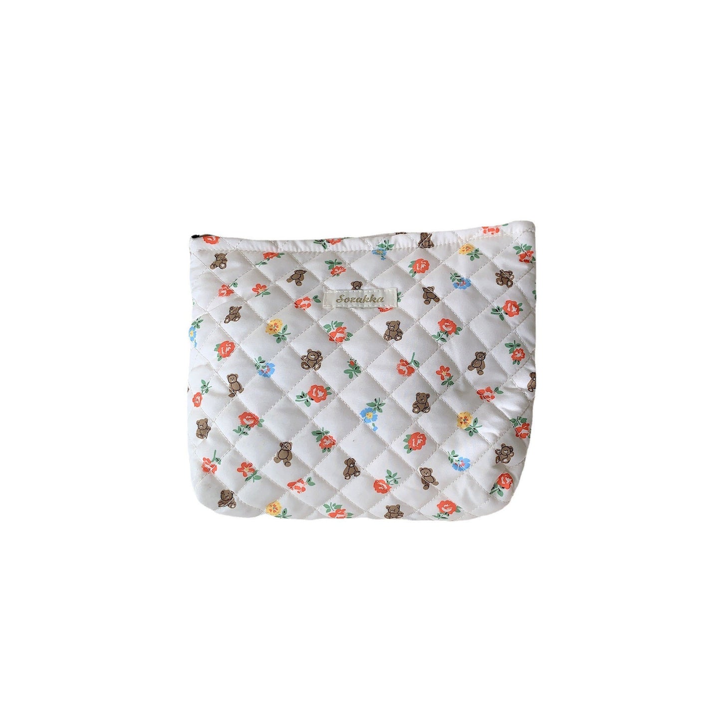 Cartoon Floral Little Bear Quilted Lined Clutch Portable High-Capacity Organizer Womens Makeup Bag